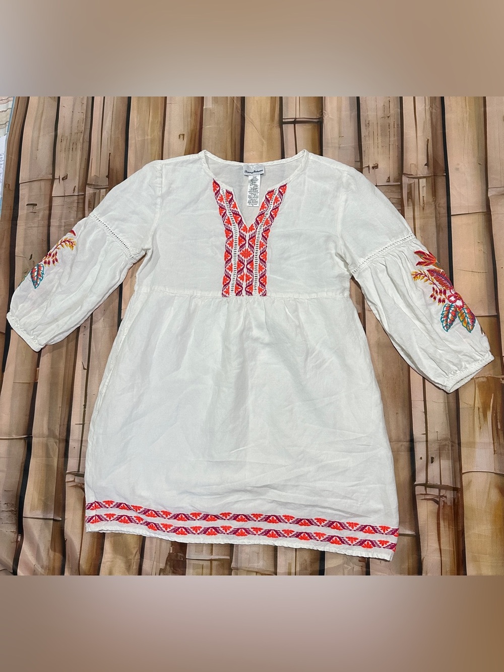 Tommy Bahama White Linen Blend Embroidered Boho Tunic Top Size Small
